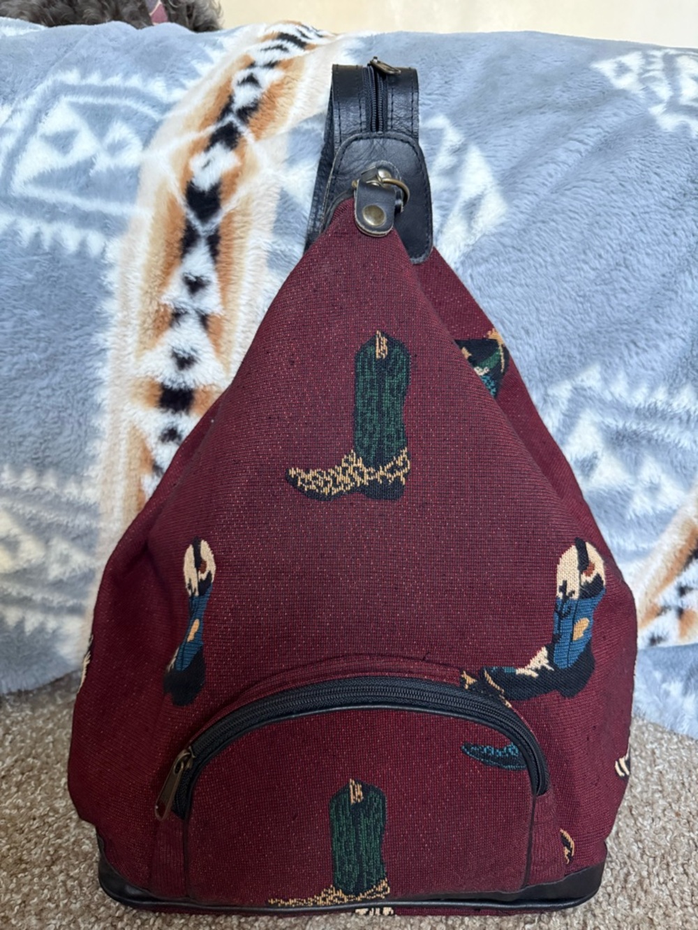 Vintage Douglas Cowboy Boot Pattern Sling Backpack